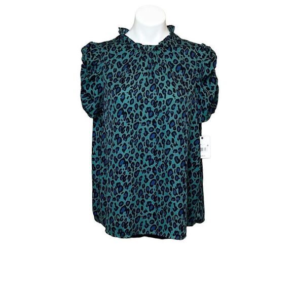 Ophelia Roe NWT green and blue leopard print short sleeve ruffle top size L - Picture 1 of 12